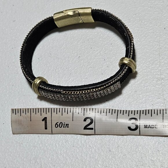 Gothic Black Leather Gold Tone Rhinestone Bracelet Punk Fashion Jewelry Women - Picture 5 of 5